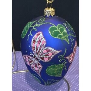 Butterfly Vines Christmas Glass Blue Colorful Oval Shape Ornament Holiday Poland